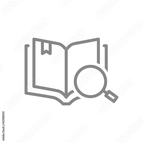 Open book with magnifying glass line icon. Information search, online instruction symbol