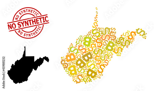 Textured No Synthetic stamp seal, and finance mosaic map of West Virginia State. Red round stamp seal includes No Synthetic text inside circle.