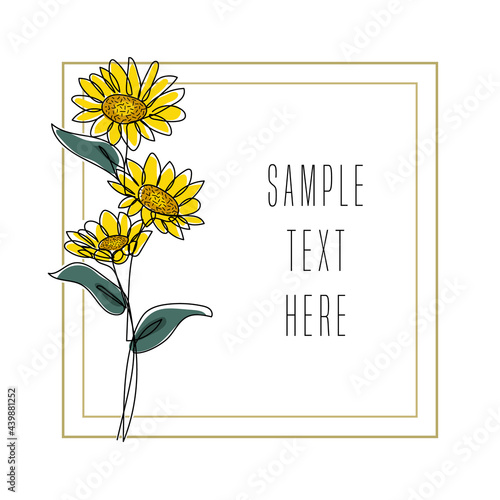 Sunflower frame card template. Continuous one line drawing and coloring. Modern minimalist art. Vector illustration.