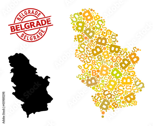 Distress Belgrade badge, and currency mosaic map of Serbia. Red round badge contains Belgrade caption inside circle. Map of Serbia mosaic is organized of financial, funding, BTC yellow items.