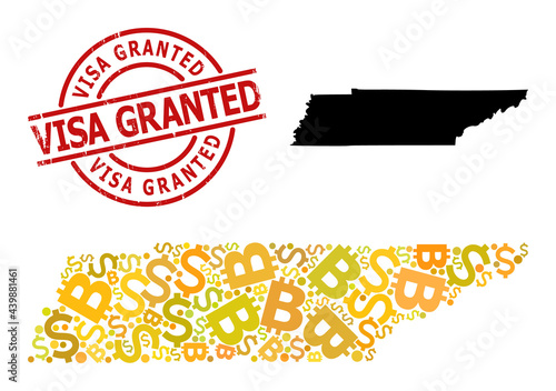 Rubber Visa Granted seal, and money mosaic map of Tennessee State. Red round stamp seal has Visa Granted title inside circle. Map of Tennessee State mosaic is done of investment, dollar,
