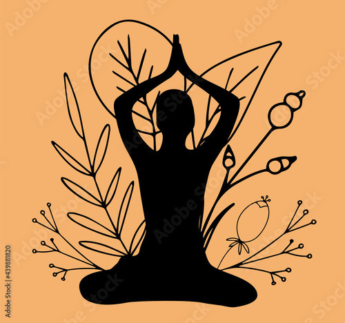 International Yoga Day, June 21, lotus pose, sports yoga, silhouette of a woman on a colored background, flat cartoon illustration, banner illustration design