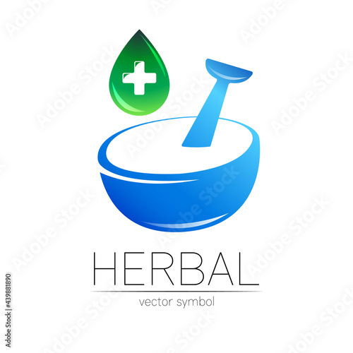 Vector mortar and pestle blue symbol logo with green cross and drop. Ecology icon concept for medicine, vegetarian, therapy, pharmacology and business. Organic sign illustration. Modern logotype.