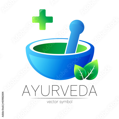 Ayurvedic Creative vector logotype or symbol. Mortar and pestle concept for business, medicine, therapy, pharmacy. Herbal Logo ayurveda Design for label. Simple bowl and leaf, cross.