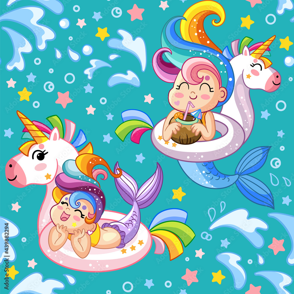 Obraz premium Seamless vector pattern cute mermaids and inflatable circles