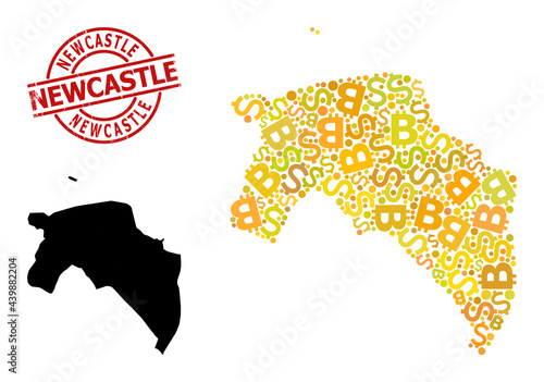Scratched Newcastle seal, and financial collage map of Groningen Province. Red round seal includes Newcastle text inside circle. Map of Groningen Province collage is constructed of financial, funding,