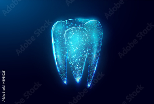 Tooth. Abstract wireframe low poly style banner. Dentistry services, teeth treatment, dental care, stomatology concept. Dark blue background. Vector illustration. photo