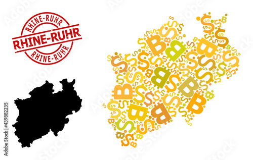 Scratched Rhine-Ruhr stamp seal, and banking collage map of North Rhine-Westphalia State. Red round stamp seal includes Rhine-Ruhr caption inside circle.
