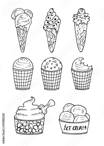 Line art ice cream  set vector black illustration isolated on white background. Hand drawn ice cream. Vector sketch illustration.