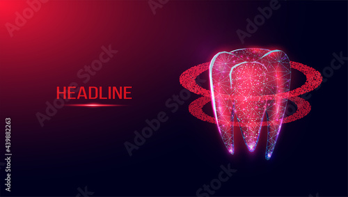 Tooth. Abstract wireframe low poly style banner. Dentistry services, teeth treatment, dental care, stomatology concept. Dark blue background. Vector illustration.