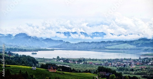 Czorsztyn lake in Knurow in Poland and Tatra mountains in clouds.