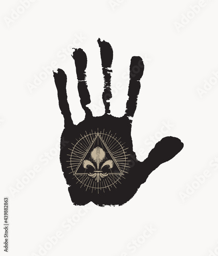 Grunge style handprint with a royal symbol Fleur de Lis on the open palm. Hand-drawn vector banner with black imprint of human hand isolated on a white background in retro style