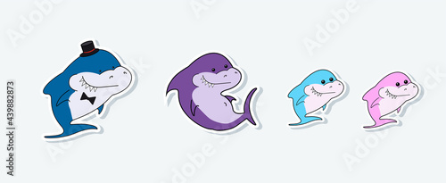 Shark cartoon characters family. Mom and dad, daughter and son are sea inhabitants. Bright funny shark on a white background.