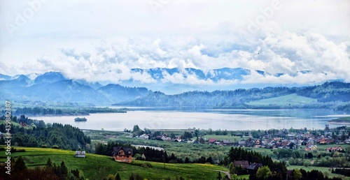 Czorsztyn lake in Knurow in Poland and Tatra mountains in clouds.