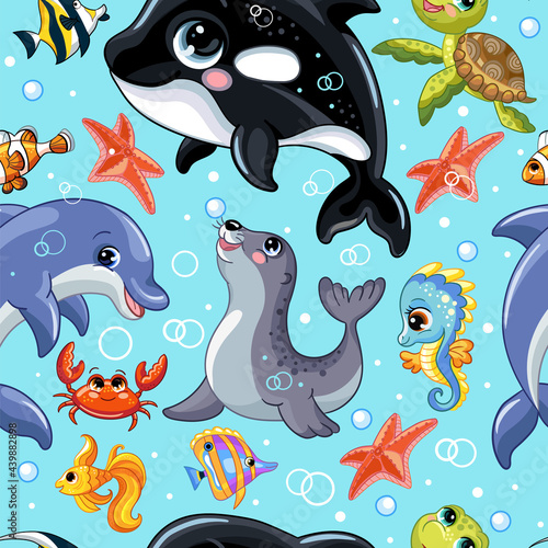 Seamless vector pattern cute cartoon water animals