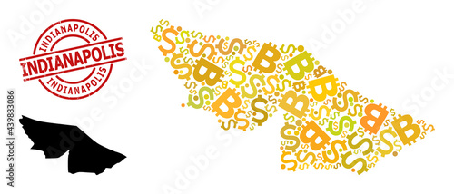 Distress Indianapolis stamp, and finance collage map of Acre State. Red round stamp seal has Indianapolis caption inside circle. Map of Acre State collage is made of investment, dollar,
