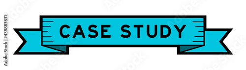 Vintage blue color ribbon banner with word case study on white background