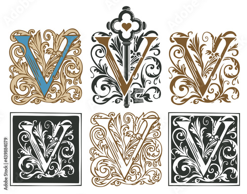 Ornate initial letter V with a vintage Baroque ornament. Vector illustration of capital letters V with decorations. Beautiful filigree uppercase letters for monogram, logo, emblem, card, invitation