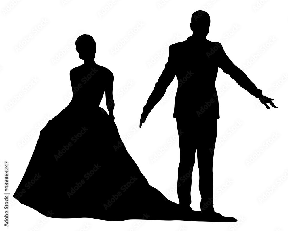 Bride and groom are standing side by side. Isolated silhouettes on white background
