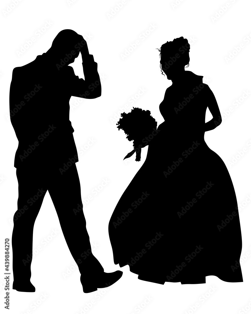 Bride and groom are standing side by side. Isolated silhouettes on white background