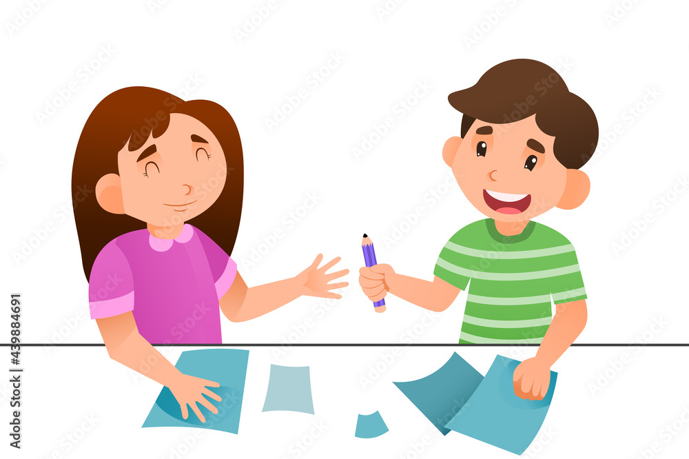 Boy gives girl pencil study in classroom back to school after covid-19 pandemic situations getting better, isolated on white background, vector illustration Boy gives girl pencil study in classroom back to school after covid-19 pandemic situations getting better, isolated on white background, vector illustration
