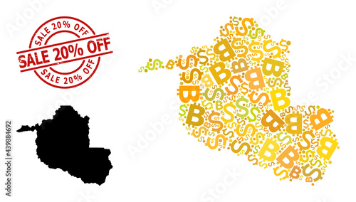 Textured Sale 20% Off stamp, and finance mosaic map of Rondonia State. Red round stamp seal includes Sale 20% Off text inside circle. Map of Rondonia State mosaic is composed with finance, dollar,
