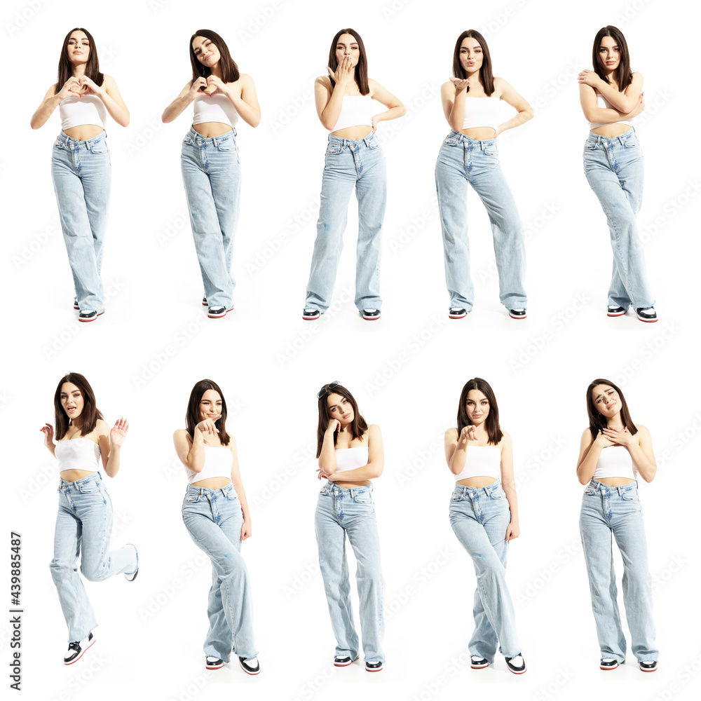Fototapeta premium Set of pretty casual woman doing various love and romance gestures kisses and caring emotions. Full body length isolated on white background