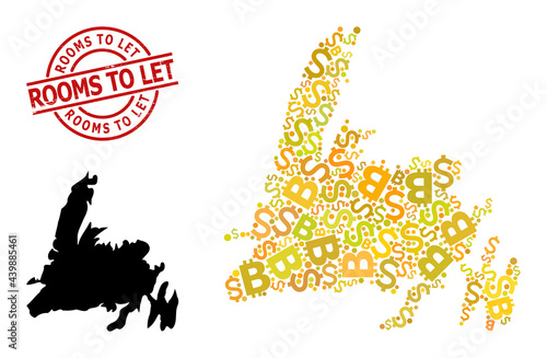 Distress Rooms to Let seal, and finance collage map of Newfoundland Island. Red round stamp seal has Rooms to Let caption inside circle. Map of Newfoundland Island collage is formed with finance,