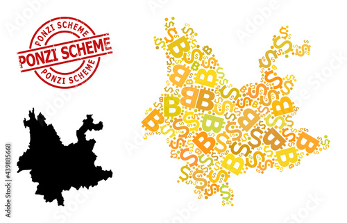 Rubber Ponzi Scheme stamp seal, and financial collage map of Yunnan Province. Red round stamp seal has Ponzi Scheme text inside circle. Map of Yunnan Province collage is formed from finance, funding,