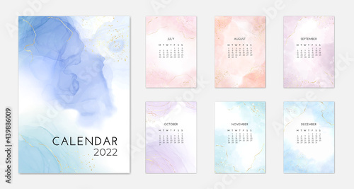 Pastel abstract watercolor 2022 calendar template design, vector illustration with liquid marble alcohol ink effect, gold stains and lines. Week starts from monday, from July to December, part 2