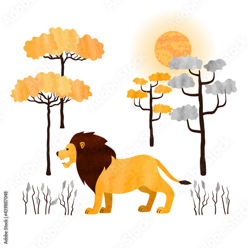 Cartoon lion and trees. Vec...
