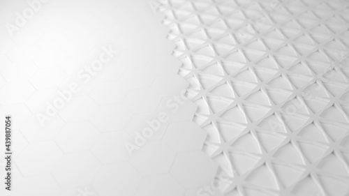 Fototapeta Naklejka Na Ścianę i Meble -  Abstract surface with white hexagon and star pattern with shallow depth of field. 3d render illustration