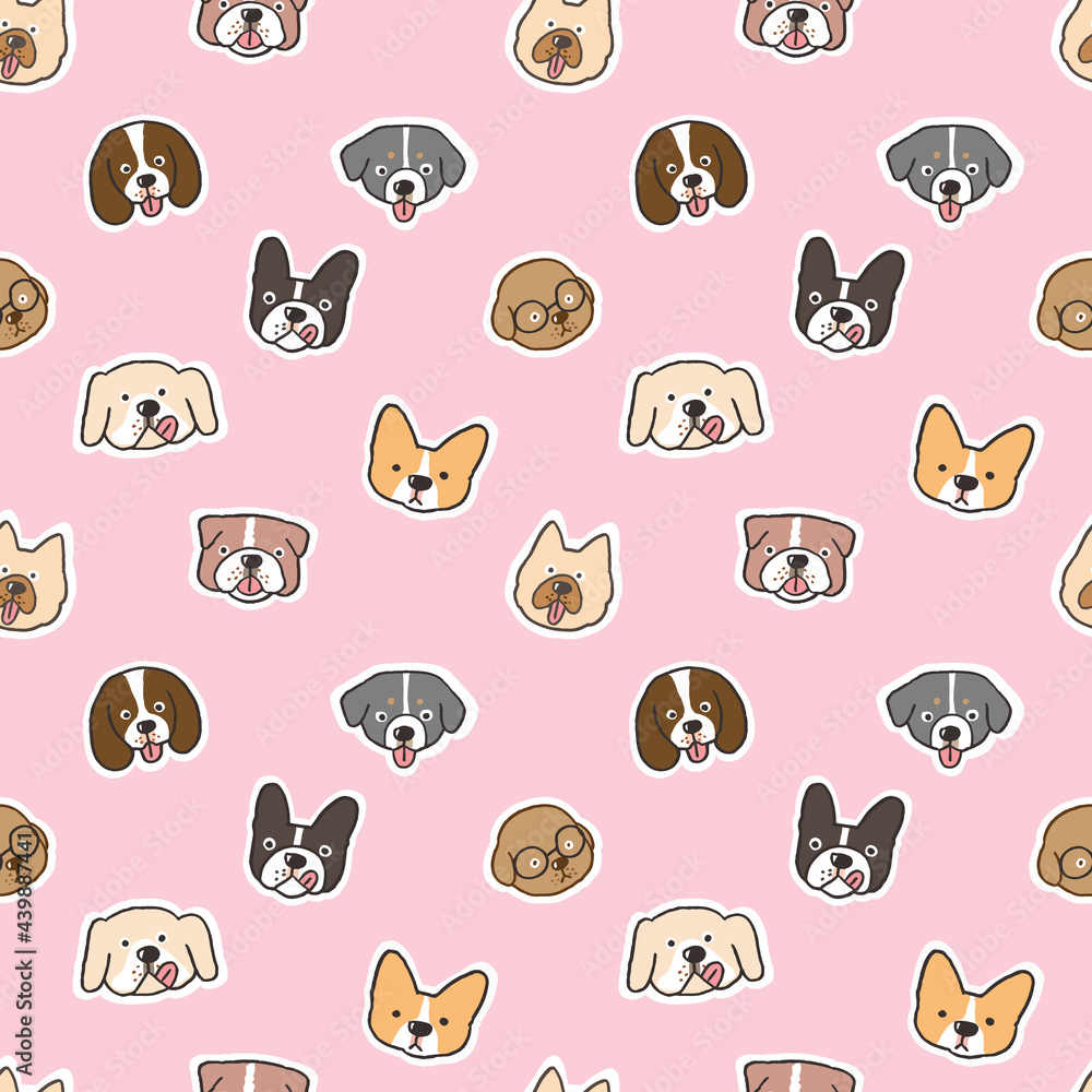 Seamless Pattern of Cartoon Dog Face Design on Pink Background Seamless Pattern of Cartoon Dog Face Design on Pink Background