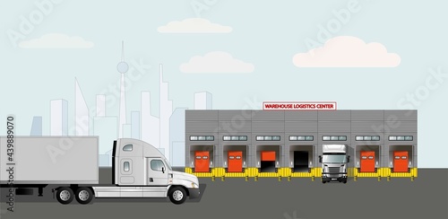 Delivery of goods by road to the warehouse logistics center. Vector illustration