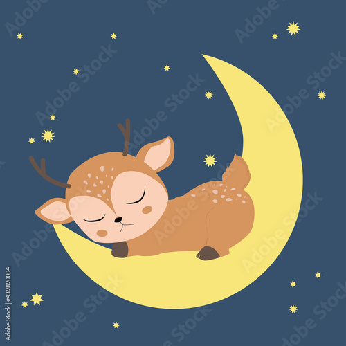 Baby deer sleeping on the moon. Cute childish vector illustration. Print for pajamas and nursery wallpaper.