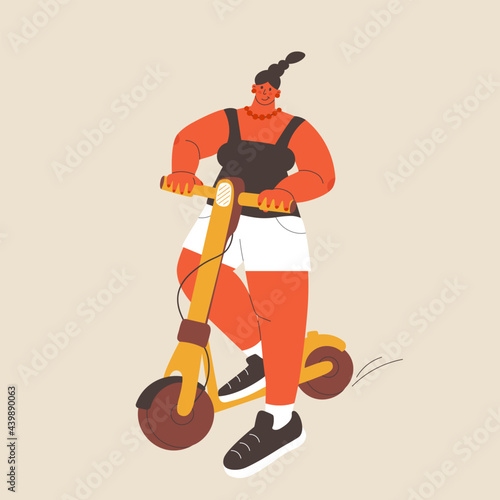 Young woman on electric scooter. Hypertrophied girl on kick scooter. Trendy vector illustrations, disproportionate person.
