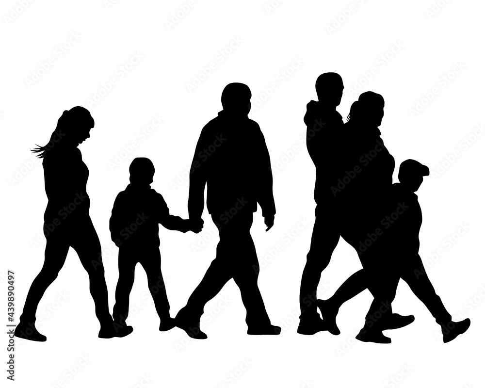 Families with little child walking on street. Isolated silhouettes of people on white background Families with little child walking on street. Isolated silhouettes of people on white background