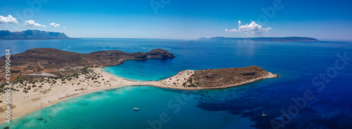 Aerial view of Simos beach in Elafonisos island in Greece. Elafonisos is a small Greek island the Peloponnese with idyllic exotic beaches and crystal clear waters. Laconia, Greece, Europe photo