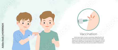 A doctor is vaccinating a man to be immune to various diseases and close up injecting position banner illustration vector. Health Care Concept.