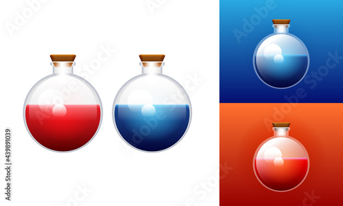 A bottle of mana and health. Video game health and mana bottle. Health points and mana of the hero of the video game. Vector illustration.