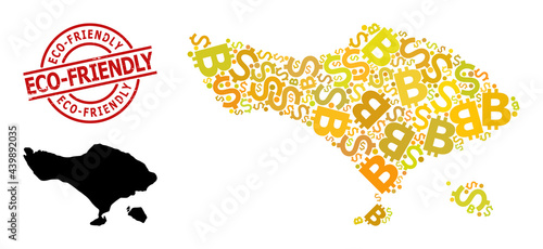 Scratched Eco-Friendly badge, and money collage map of Bali Island. Red round badge includes Eco-Friendly title inside circle. Map of Bali Island collage is done of money, dollar,