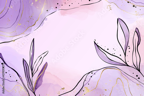 Abstract dusty violet liquid watercolor background with branch and gold foil elements. Pastel lavender alcohol ink drawing effect with golden stains. Vector illustration of botanical elegant wallpaper