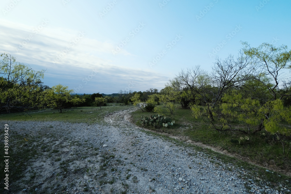 Texas path for lane or road through scenic field background.