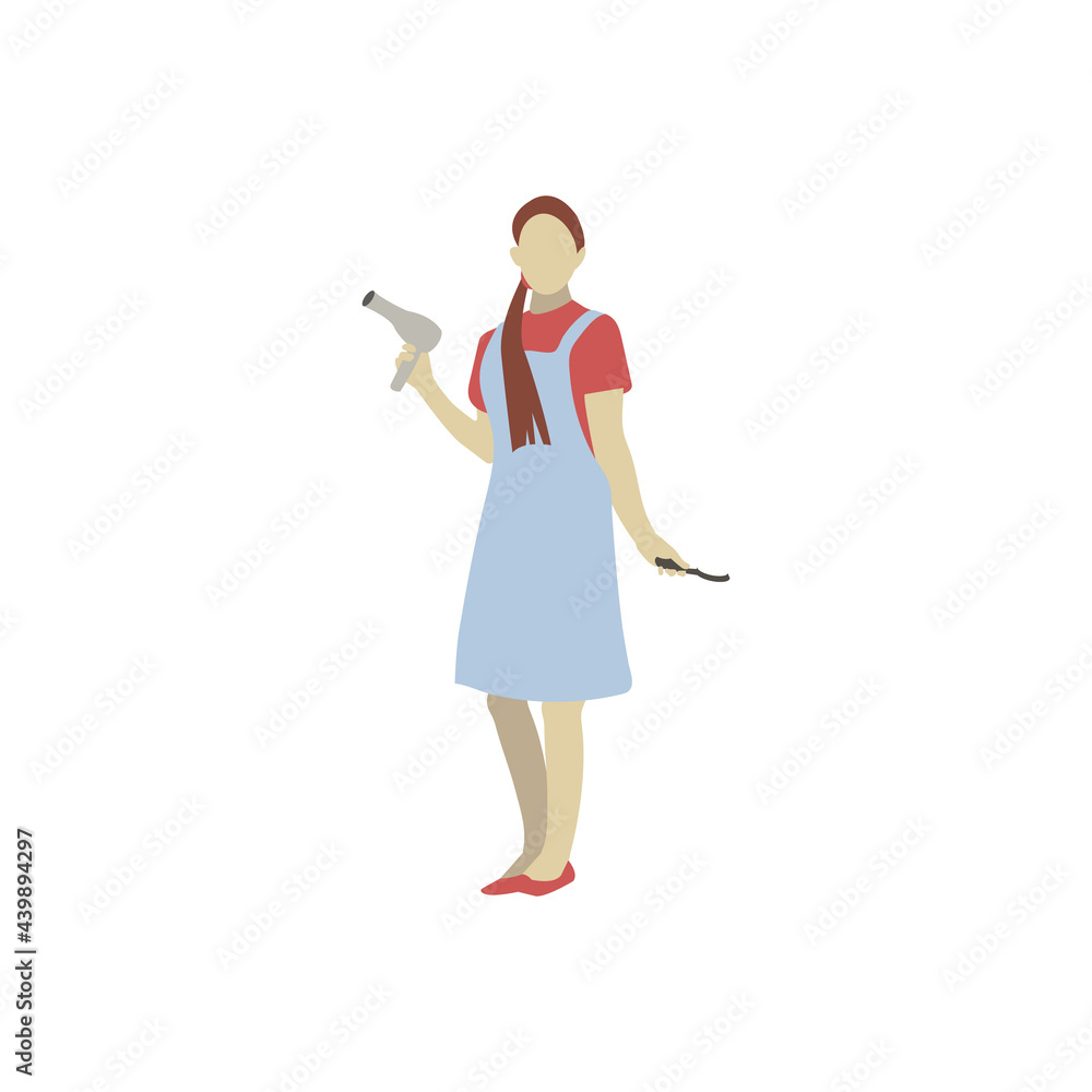 A barber character in a flat style. Profession of a hairdresser. The character is a woman. Various professions. A barber character in a flat style. Profession of a hairdresser. The character is a woman. Various professions.