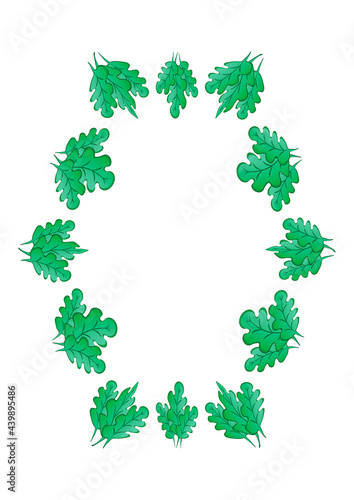 Frames of green oak leaves on a white sheet of A4 format, pastiche, graphics on the theme of the plant. Designing notebook covers, mobile apps, websites, design elements