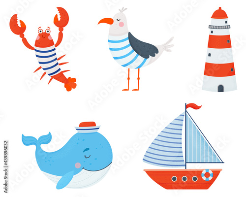 Set of cute nautical elements.Vector hand drawn illustration cartoon style