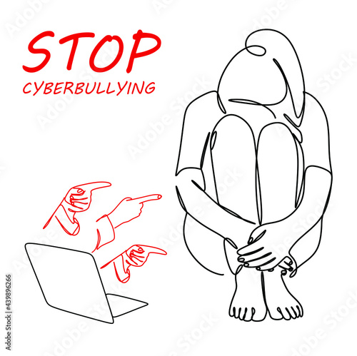 a line drawing of a frightened girl sitting on the floor struggling due to cyberbullying. Hands, from a laptop screen on social media, blaming the victim. The concept of cyberattack psychology