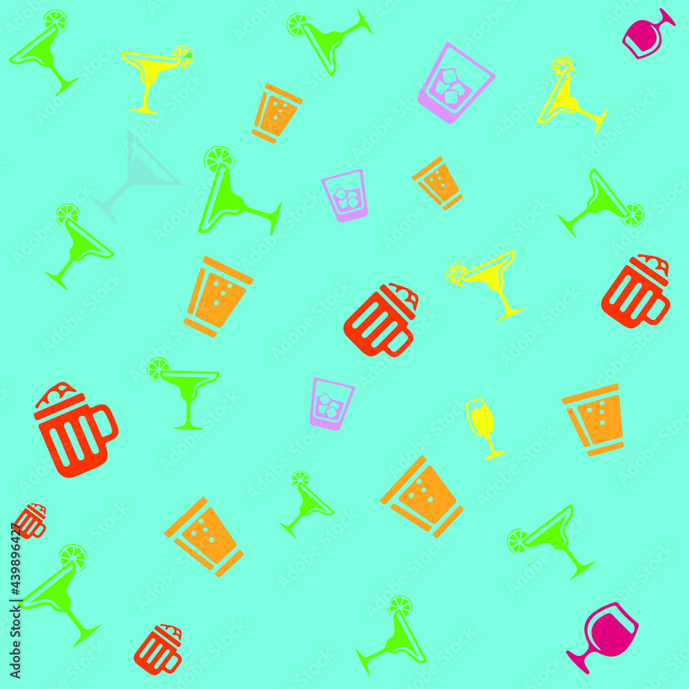 Pattern with cocktails, many different drinks on a blue background, vector