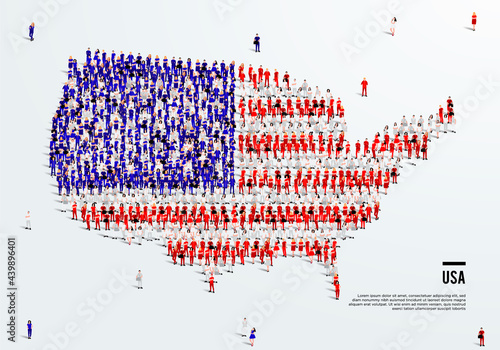 USA or America Map and Flag. A large group of people in the United States flag color form to create the map. Vector Illustration.