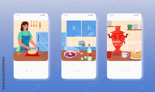 Russian traditional cuisine borscht blini vodka. Mobile app screens, vector website banner template. UI, web site design